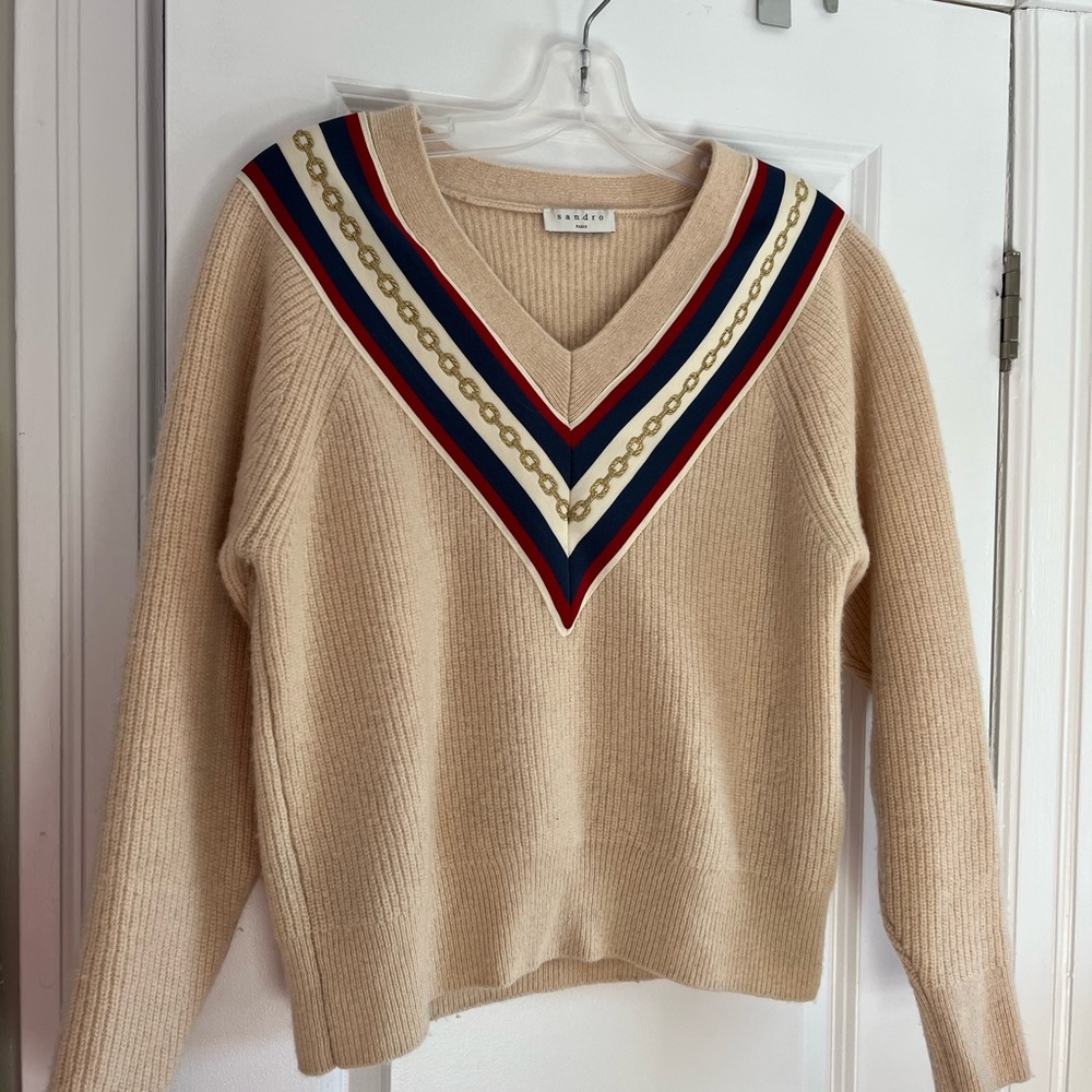 Sandro Size 2 US M V-Neck Gold Chains Chevron Stripe Ribbed Beige Sweater